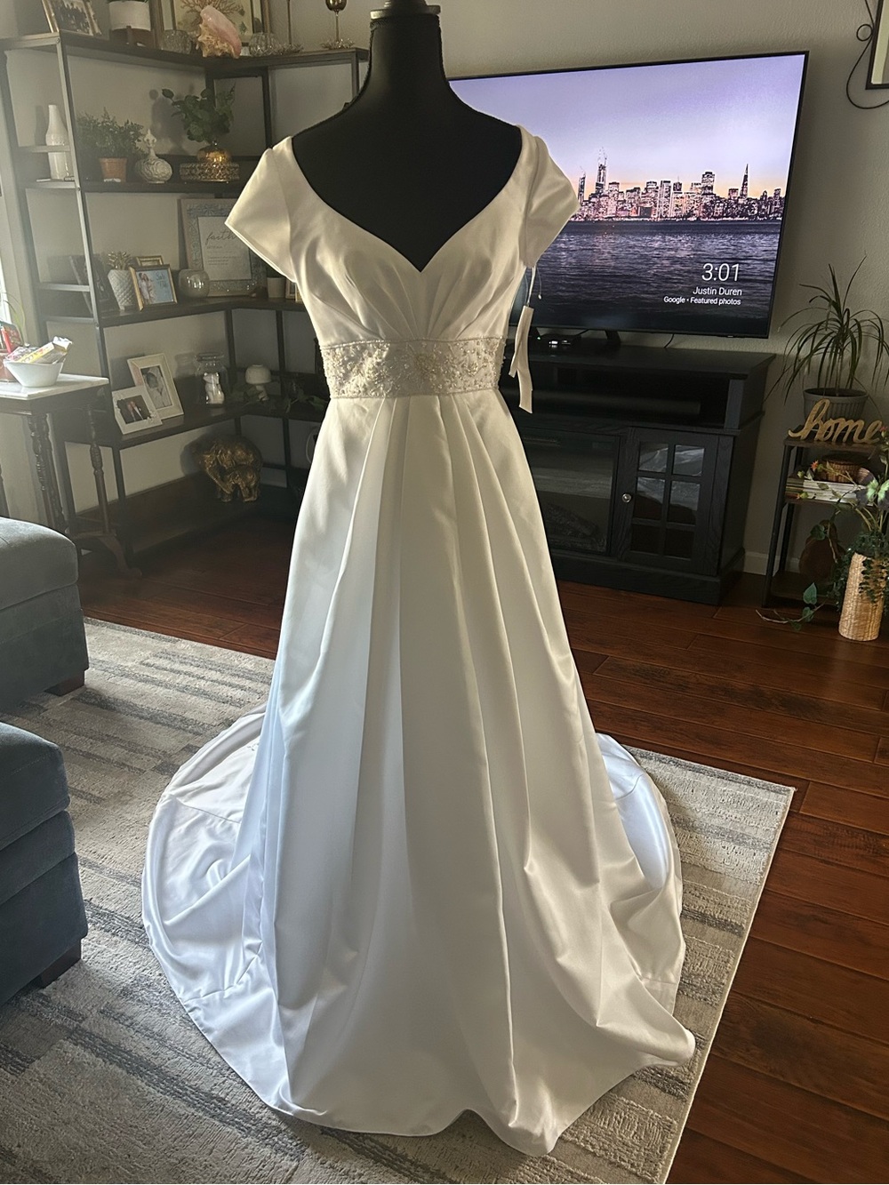 David's Bridal White Satin V-Neck A-Line Wedding Dress with Beaded Waist
